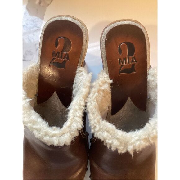 MIA Chunky Brown Leather Clog Sz 7 Faux Fur 90’s - Picture 6 of 9